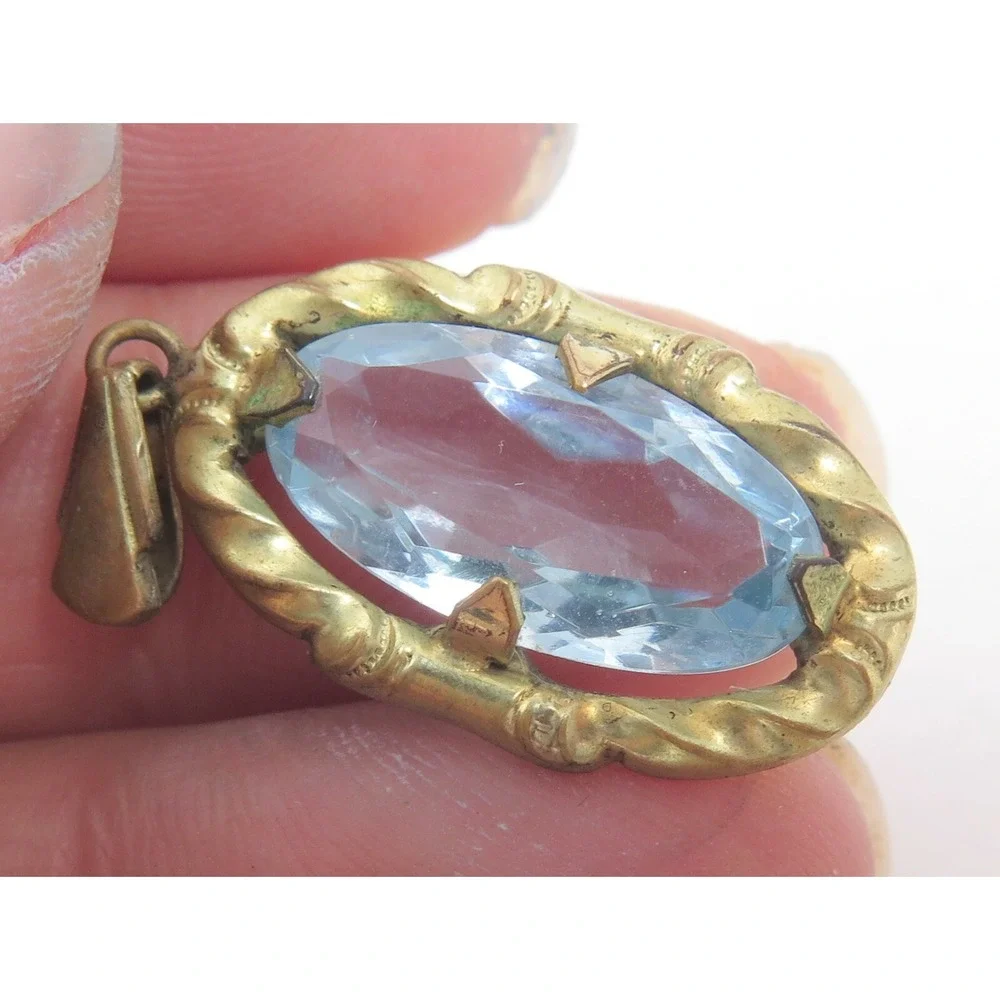 Stunning Vintage Old Art Deco Unfoiled Blue Glass Stone‎ Rhinestone Gold Pendant